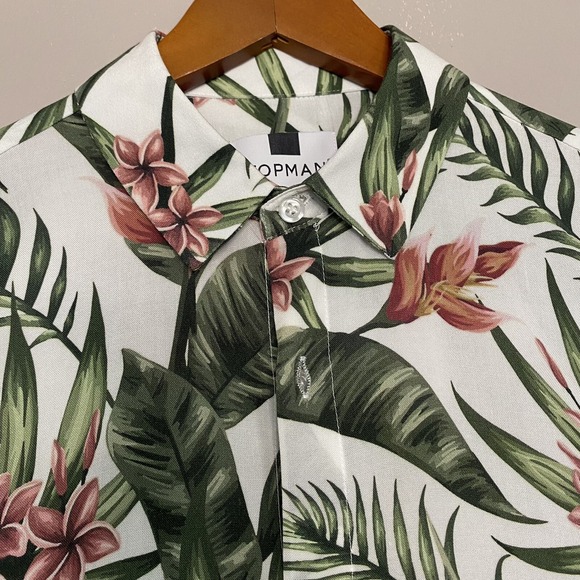 Topman Hawaiian Shirt Mens Size Small Short Sleeve‎ Floral Green White Pink - Picture 6 of 11